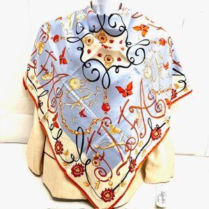 Unused-Scarf  PROJECT 100% silk satin, 34" x34 Art Designs blue ivery yellow (49